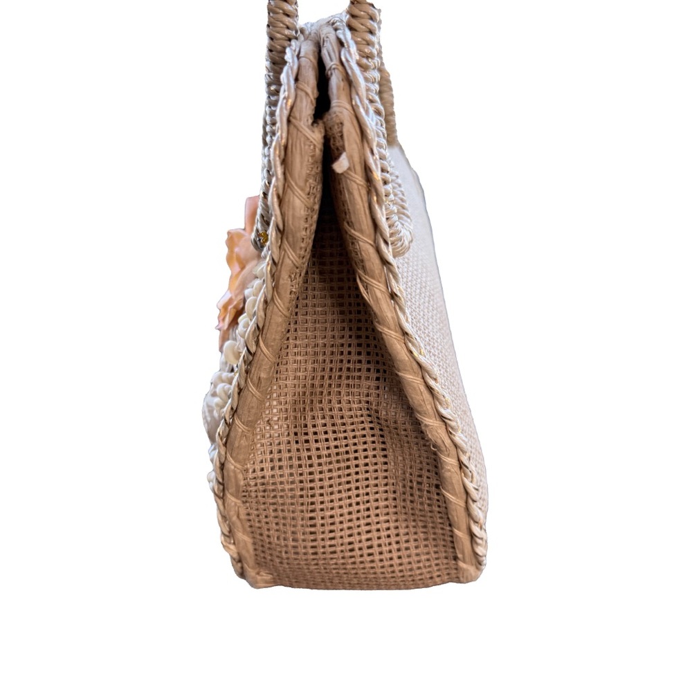 Vintage Raffia Straw Handbag Floral Shell Applique Japan 50s 60s - Picture 7 of 11